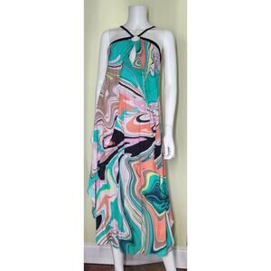Trina Turk Halter Long Maxi Dress Womens XS Multicolor Keyhole Summer Beach Pool